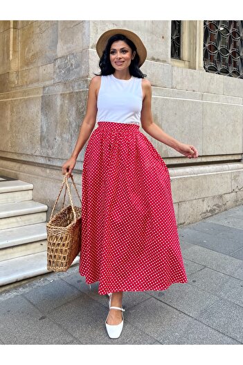 KÜÇÜĞÜM BUTİK Polka Dot Red Flared Poplin Skirt