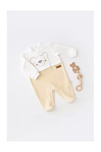 BabyCosy Long-sleeved teddy bear jumpsuit with booties made of 80% cotton and 20% polyester - Cream