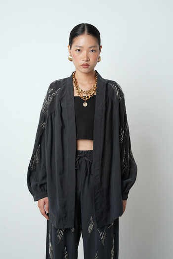 Orfeo Negro Women's Oversized Kimono with Stone Embroidery on the Back and Sleeves