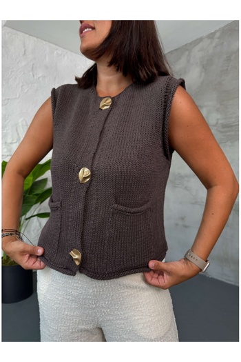Elif Özbey Butik Brown Knitted Vest with Pocket Detail