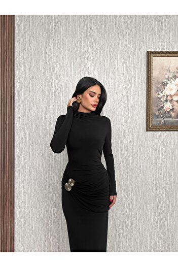 ESRAHELVACI Uzun Kol Aksesuar Drapeli Maxi Elbise