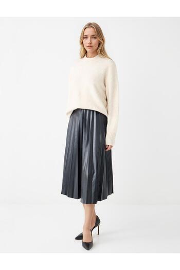 Jimmy Key Black Leather Look Pleated Regular Waist Midi Skirt