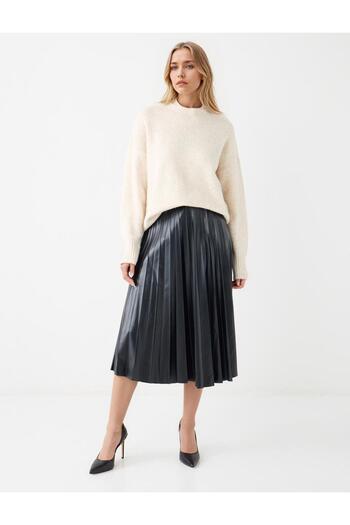 Jimmy Key Black Leather Look Pleated Regular Waist Midi Skirt