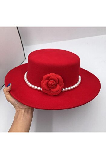 Pursehuit Women's hat, red, wide brim, boater style, handmade, with removable pearl accessory, Grimkel