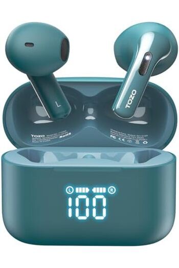 TOZO T21 Wireless Earbuds, 5.3 Bluetooth Headphone, Semi In-Ear with Dual Mic Noise Cancelling, IPX8