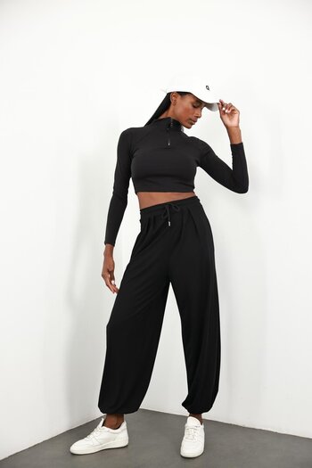 5in1Canpolat Black Modal Baggy Trousers 40573