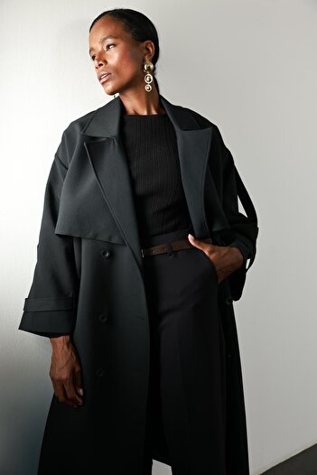 5in1Canpolat Black Windbreaker Oversize Trench Coat 9476