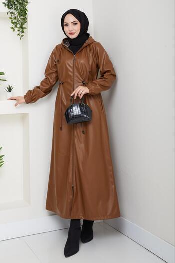 Hb Harma Time Butik Women's Zippered Hooded Tan Leather Jacket