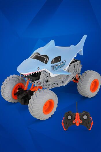 hak-iş oyuncak Dude RC Monster Truck Köpekbalığı Tasarımlı Uzaktan Kumandalı Off-Road Araba - Mavi Gri Turuncu