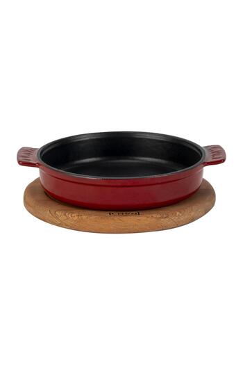 Lava Cast Iron Round Casserole Dish Cast Iron Solid Double Handle Beech Serving Wood Diameter (Ø) 17Cm.-Burgundy