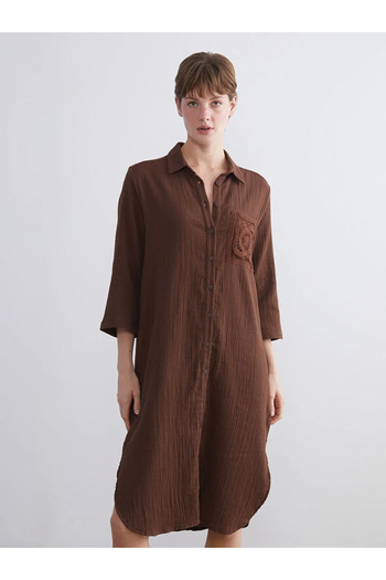 LC Waikiki Lcwaikiki Classic Brown Textured Crochet Detailed Shirt Dress