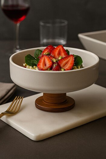 Sezka Life Footed Round Bowl Wooden Footed Acacia Salad Bowl, Ceramic Presentation Serving Bowl 20.5cm