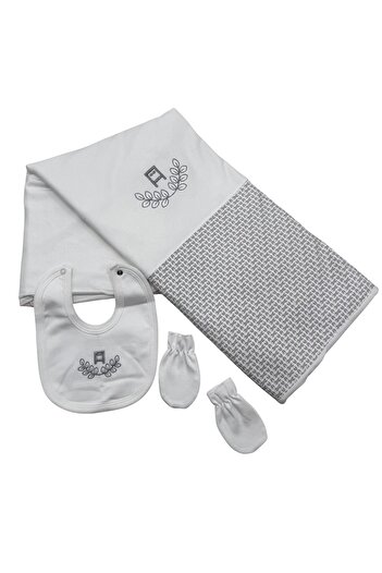 Baby day 5-piece baby boy's reception set, white cotton with a gray geometric print