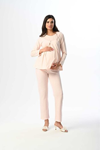 Lohussa Women's Powder Jacquard Lace Winter Special Design Maternity Maternity Dressing Gown Pajama Set