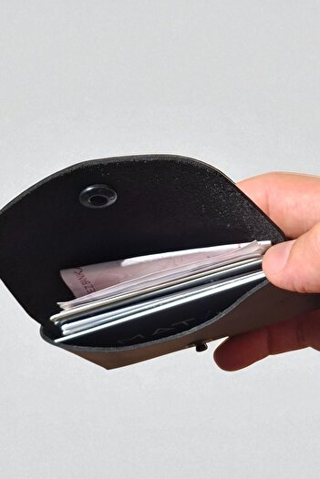 MAT Deri Black Genuine Leather Card Holder Seamless Small Wallet / Snap Closure Horizontal Business Card Holder / Men Women Card Holder