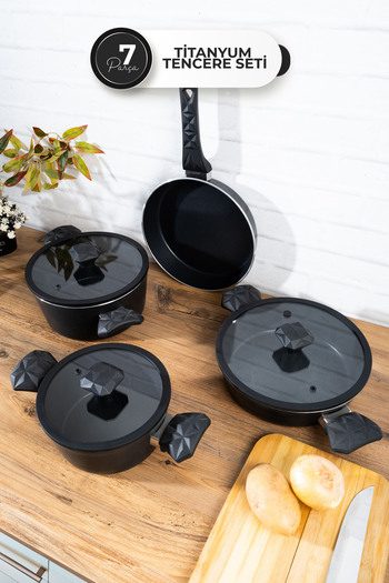 Homekolik 7-Piece Black Titanium Cookware Set – 20/24 cm Deep, 24 cm Deep Pot + 24 cm Frying Pan