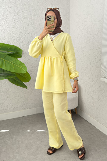 Salih Çelebi Cross Tie Kimono Set 43457 - Yellow