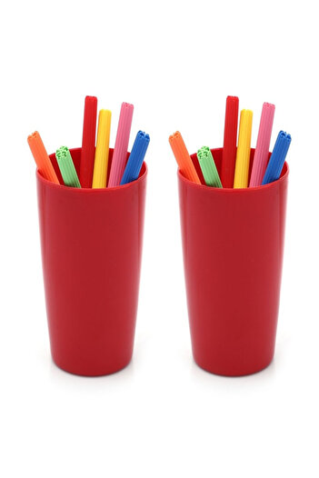 Bosphorus 2 Pieces Pen Holder Red Color Melamine Office Supplies 8X8X11Cm 320ml