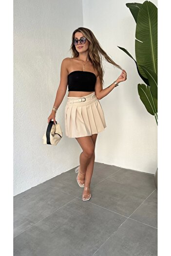 Asfa Moda Women's Cream Lined Shorts Belted Pleated Mini Shorts Skirt