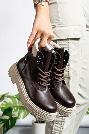 motto store Γυναικείες μπότες Bitter Brown Skin Elastic Lace-Up Flat Sole