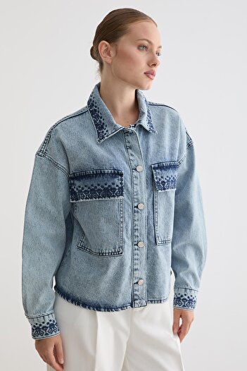 LEVURE Nakış Detaylı Denim Kot Ceket BLUE