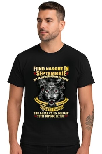 OEM Men's T-Shirt with 'Born in September - Strong and Loyal Like a Wolf' Message, 100% Cotton, Black