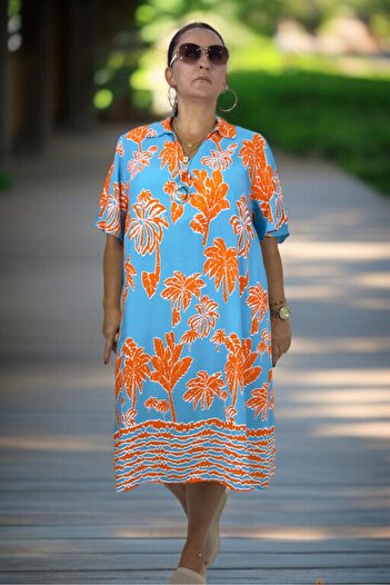yagmurberen Palm Patterned Polo Collar Short Sleeve Relaxed Fit Medium-Length Cotton Viscose Plus Size Dress
