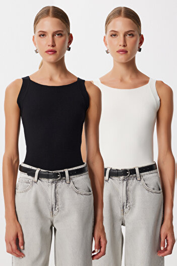 Happiness İstanbul Women's Ecru Black 2-Pack Knitwear Blouse with Straps Ub00479
