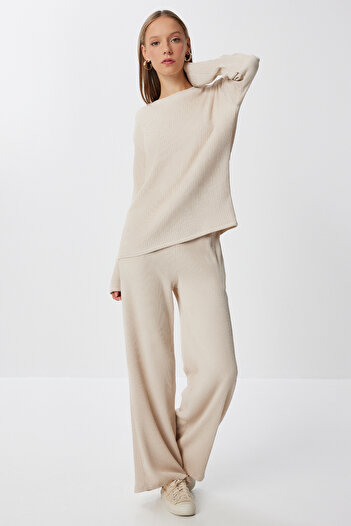 Happiness İstanbul Women's Beige Textured Flexible Knitted Top and Bottom Set An00267