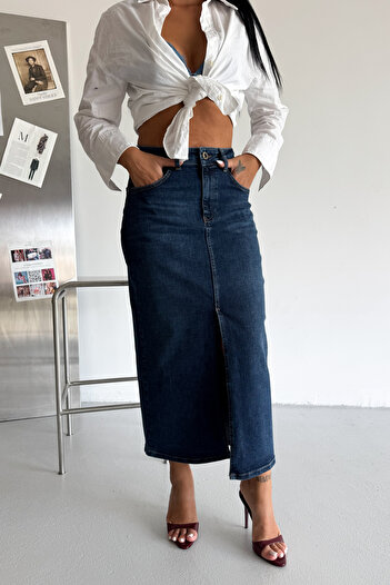 HLT JEANS Темно-синя жіноча спідниця Regular Fit з високою талією, довжина максі, джинсова MERRY-4095
