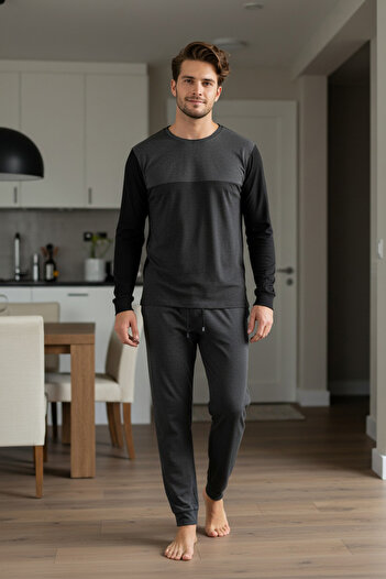Trendyol Collection Anthrazit Melange Regular Fit Farbblock gestricktes Pyjama-Set TMNAW26PT00001