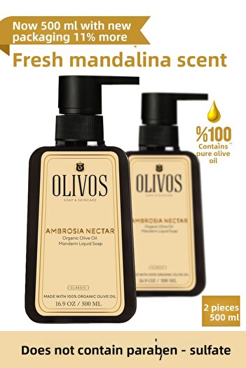 Olivos Natural Olive Oil Tangerine Liquid Soap Tangerine Olive Oil Hand Soap Moisturizing 2 Pieces 500 ml