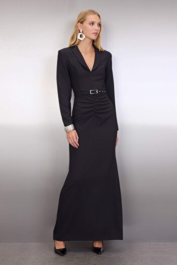 Trendyol Collection Schwarzes, gerades, gewebtes Fischgräten-Maxi-Abendkleid und Heimkehrkleid TPRAW26AE00003