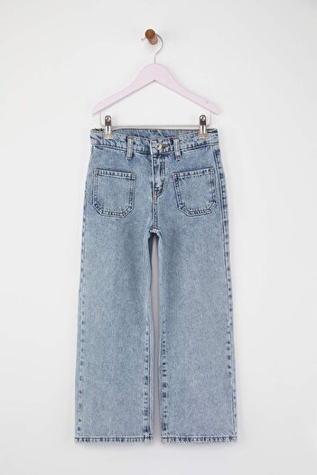 TRENDYOLKIDS Light Blue Girl's 100% Cotton Adjustable Elastic Girl's Denim Jeans Tkdaw26Je00007