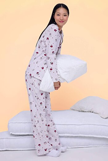 Trendyol Collection Teen Lila-Culoare Diversă 100% Bumbac Set de Pijamale cu Inimă și Model Distractiv Tricotat THMAW26PT00039