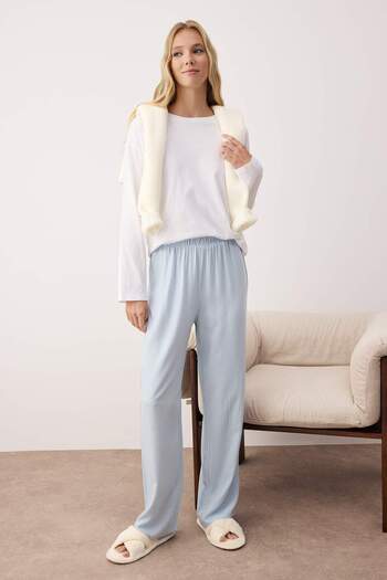 Trendyol Collection Rosa-blaue 2er-Packung karierte und gestreifte gewebte Pyjamahosen THMAW24PJ00010