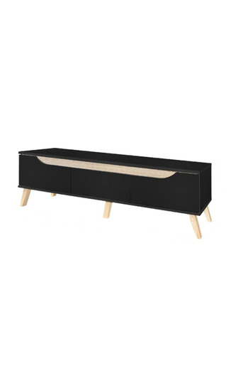 BAITY TV Table 160 cm with 3 Storage Drawers - Black with Wooden Stripe