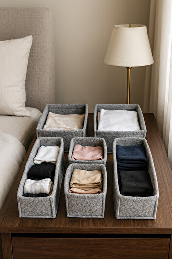 YUNUSOĞLU HOME Felt Drawer and Closet Organizer Set 6 Pieces - Gray Multi-Purpose Organizer Boxes
