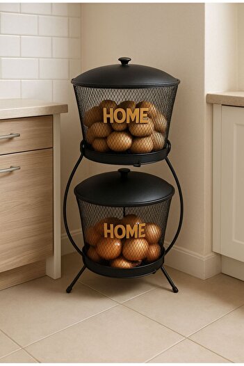 VENON Home Organizer Inci 2 Katlı Metal Sebzelik Patates Soğan Sepeti Siyah Gold Yazılı Lüx Ferfoje