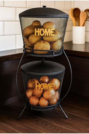 VENON Home Organizer Inci 2 Katlı Metal Sebzelik Patates Soğan Sepeti Siyah Gold Yazılı Lüx Ferfoje