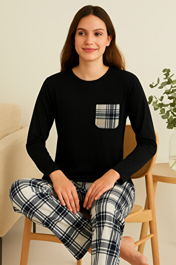 ModaLeaf Black Color Long Sleeve Black Plaid Patterned Pajama Set
