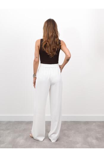 Maldia Shop Women's High Waist Pleated Palazzo Ecru Trousers with Elastic Back