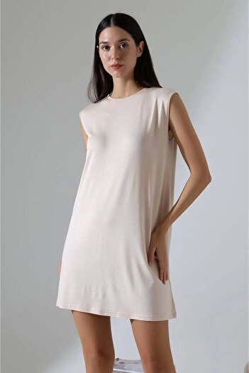 MetuCA Women's Cream Oversize Zero Sleeve Crew Neck Basic Daily Underwear Tunic Viscon Fabric