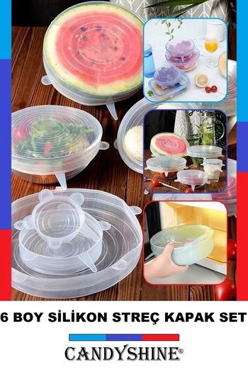 CandyShine Silicone Stretch Cover Cup Lid Food Cap Storage Container 6 Pieces