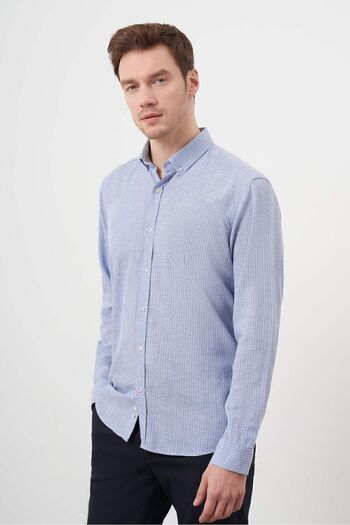 Morven Men's Blue Linen Striped Buttoned Collar Regular Fit Shirt