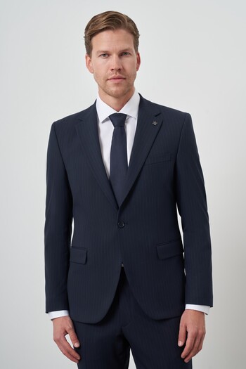 Morven Men's Navy Blue Polyviscon Striped Slim Fit Mono Collar Suit