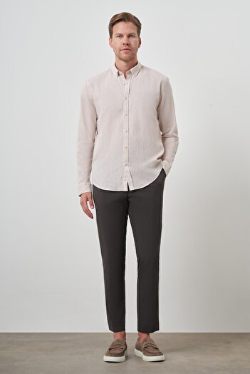 Morven Men's Beige Linen Trend Dynamic Fit Button Collar Shirt