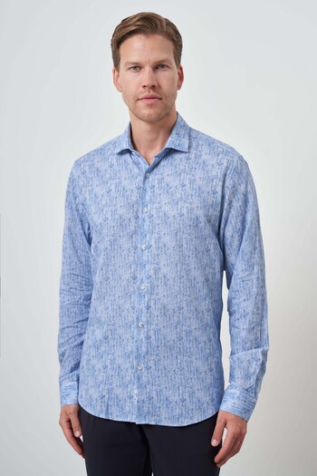 Morven Men's Blue Linen Trend Dynamic Fit Button Collar Shirt