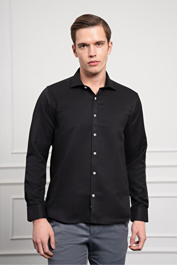 Morven Erkek Siyah Trend İtalyan Yaka  Slim Fit Dar Kesim Gömlek