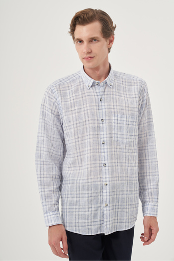 Morven Men's Navy Blue Linen Trend Regular Fit Buttoned Collar Shirt